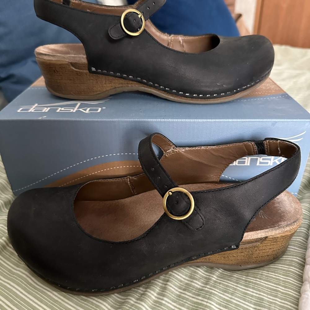 Dansko Black Mary Jane Slingback Clogs with Gold Buckle